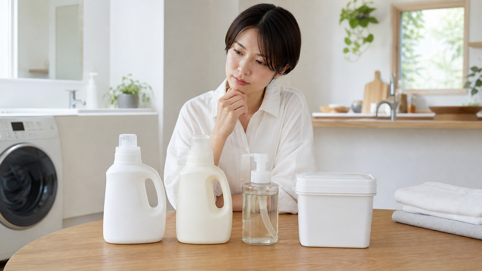 洗濯洗剤や食器用洗剤を複数比較して選ぶ様子