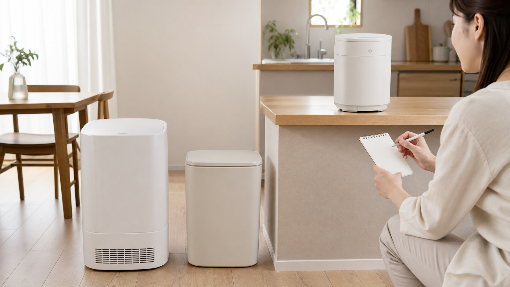 冷凍ゴミ箱と密閉ゴミ箱や生ごみ処理機を比較する様子