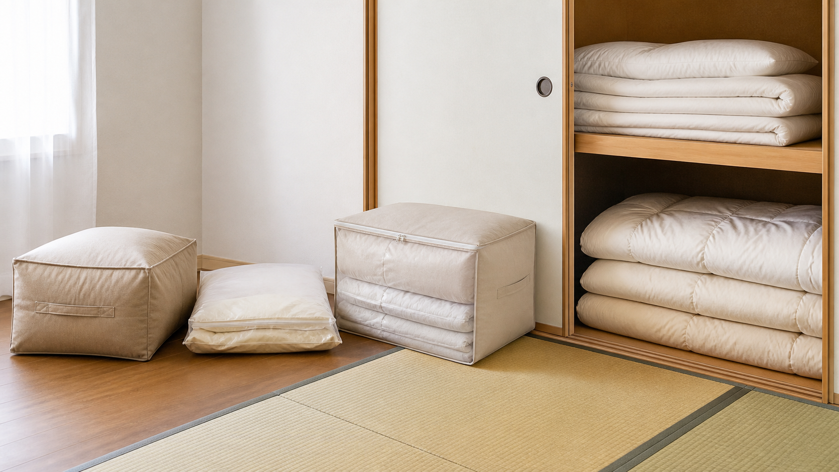 布団収納クッションと圧縮袋と押入れ収納を比較する様子