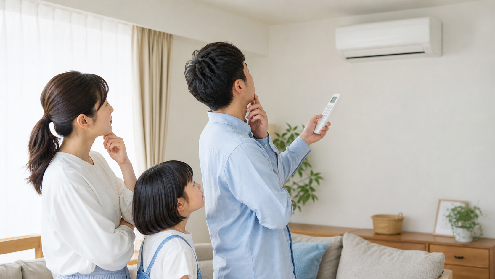 エアコンの自動洗浄機能のタイミングをリモコンで確認する様子