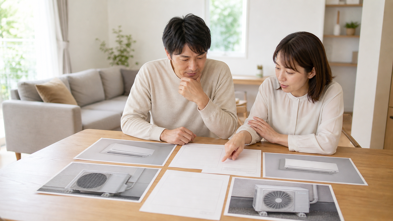 住宅設備用エアコンと量販店モデルを比較する様子