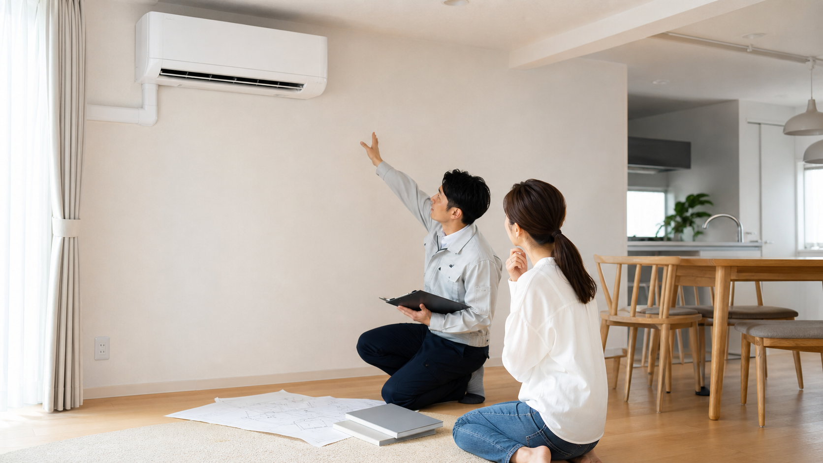 住宅設備用エアコンの設置位置をリビングで相談する様子