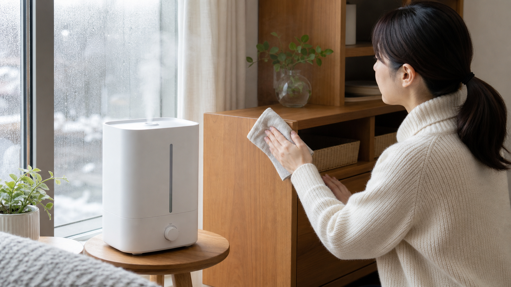 加湿器まわりの結露や置き場所を確認する様子