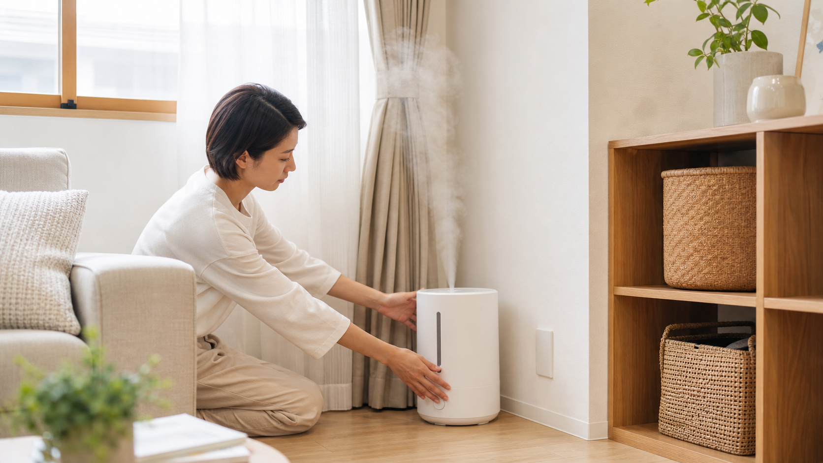 加湿器を壁やカーテンから離して置き場所を確認する様子