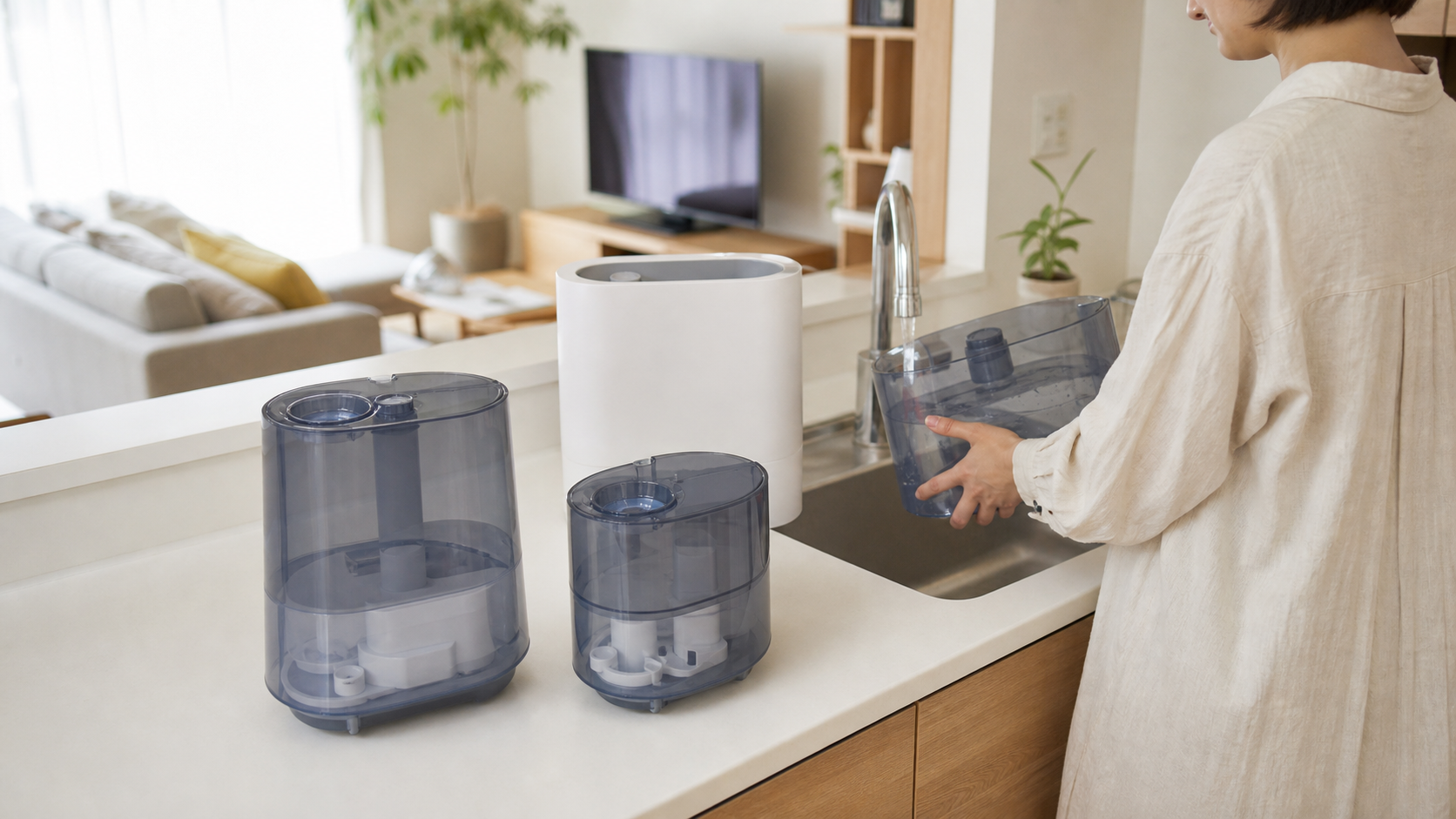 加湿器のタンク容量と給水しやすさを比較する様子
