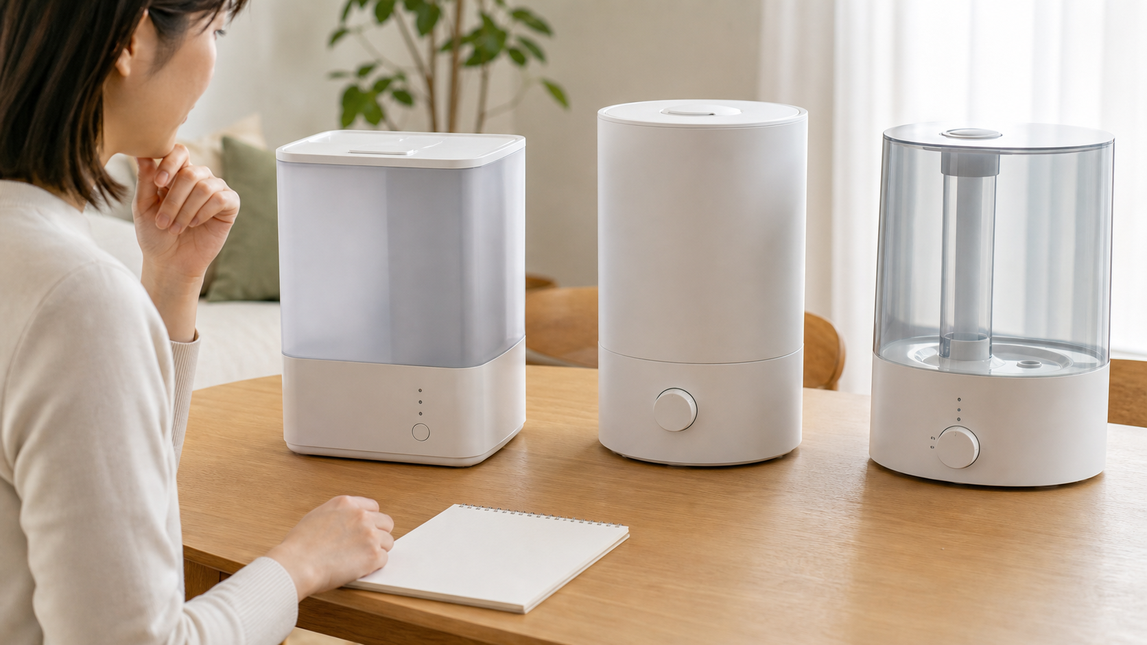 ハイブリッド式とスチーム式や超音波式の加湿器を比較する様子