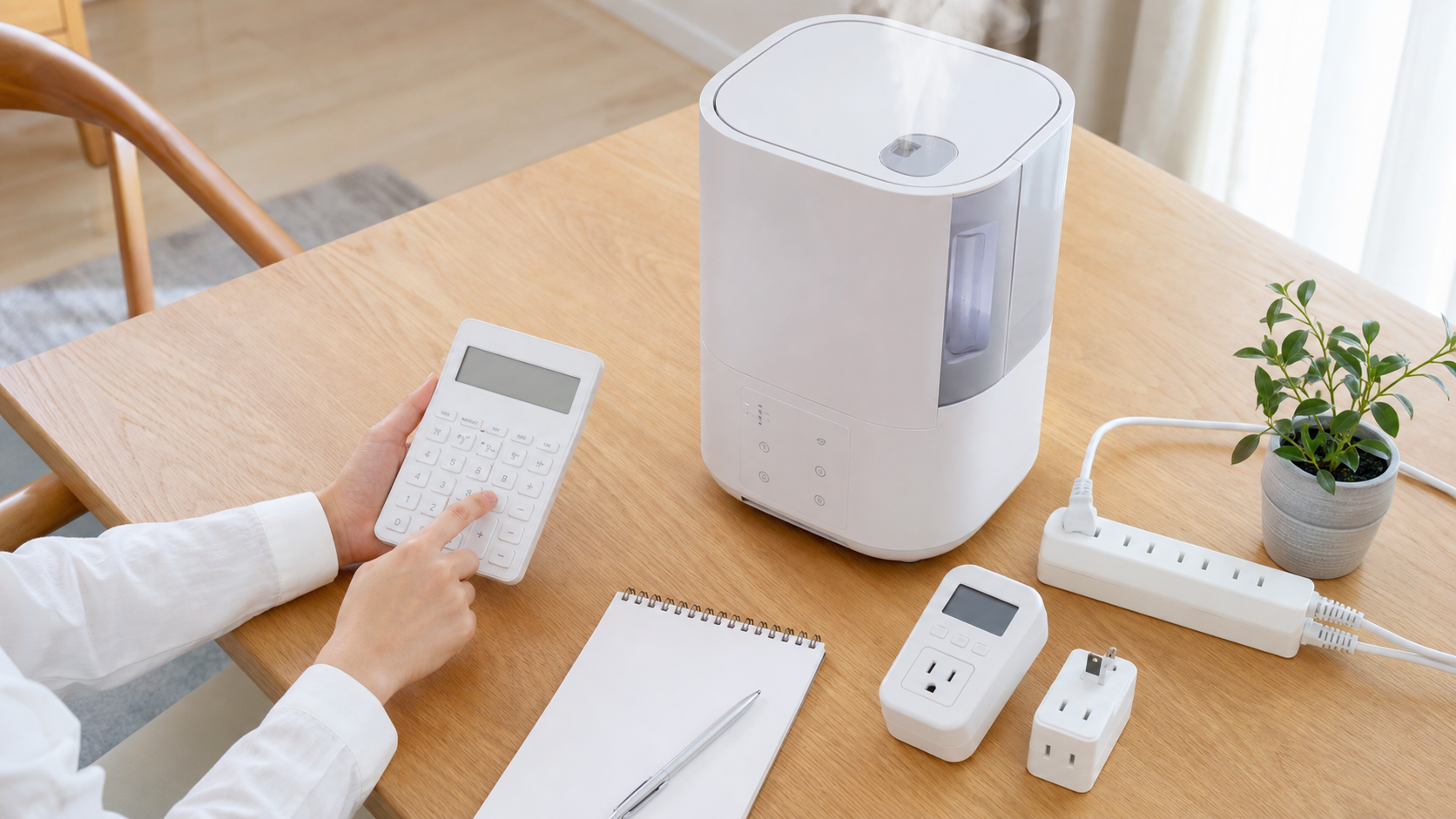 ハイブリッド式加湿器の電気代と運転モードを確認する様子