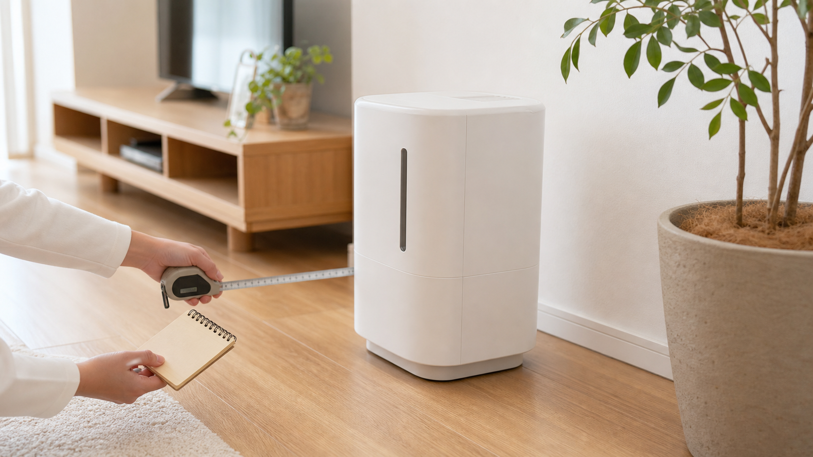 ハイブリッド式加湿器の置き場所と購入前チェックをするリビングの様子