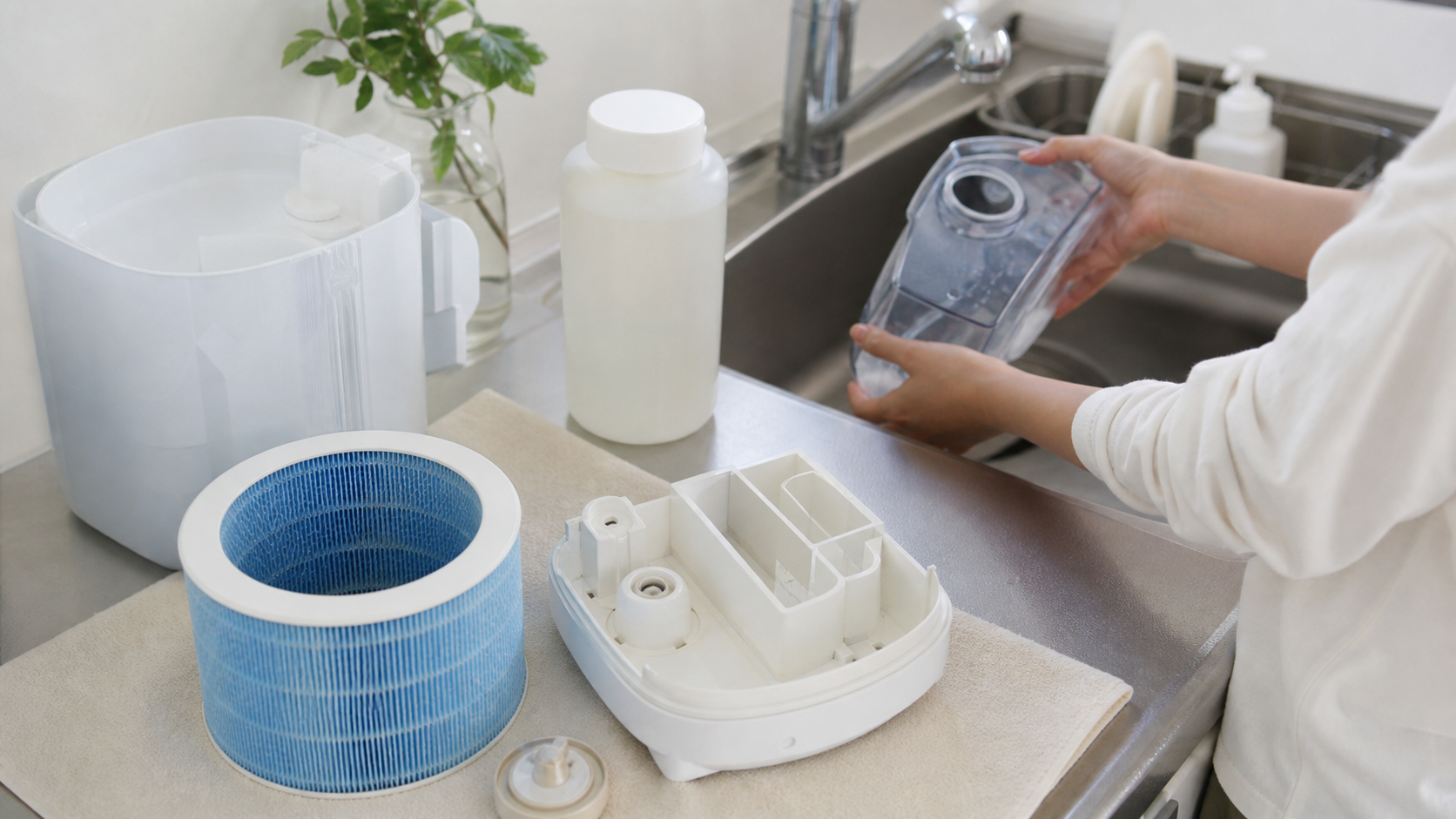 加湿器のフィルターとトレイを手入れする様子