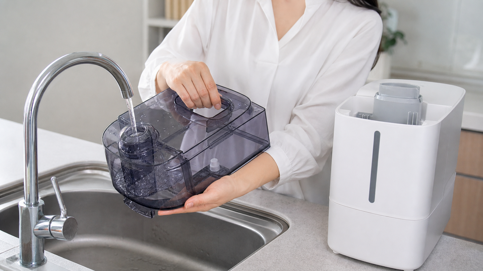 加湿器のタンク容量と給水しやすさを確認する様子
