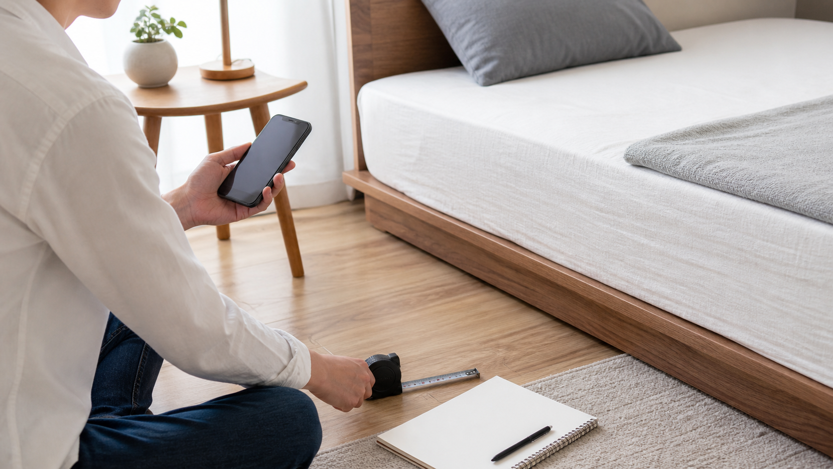 ローベッドのサイズや口コミをスマートフォンで確認する様子