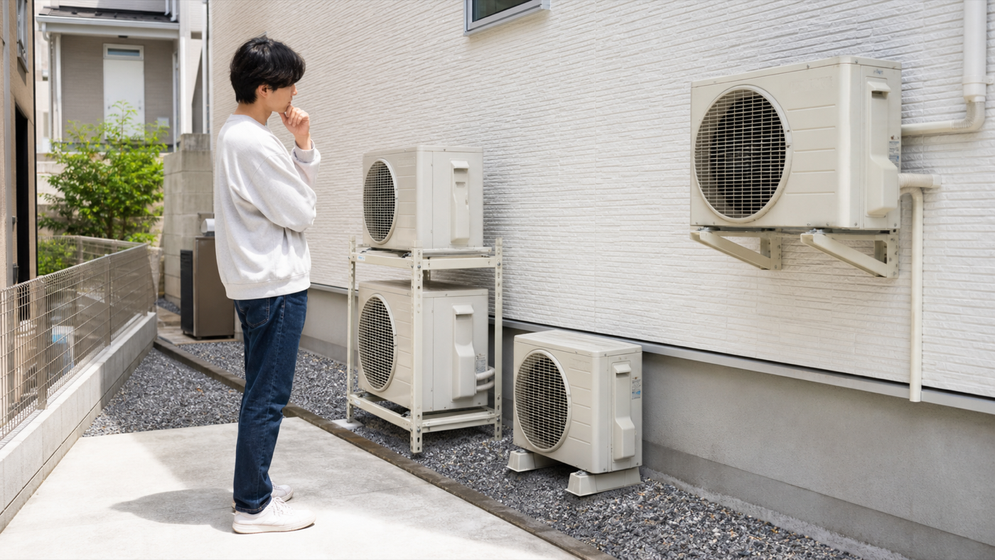 室外機の二段置き・平置き・壁掛けを比較する様子