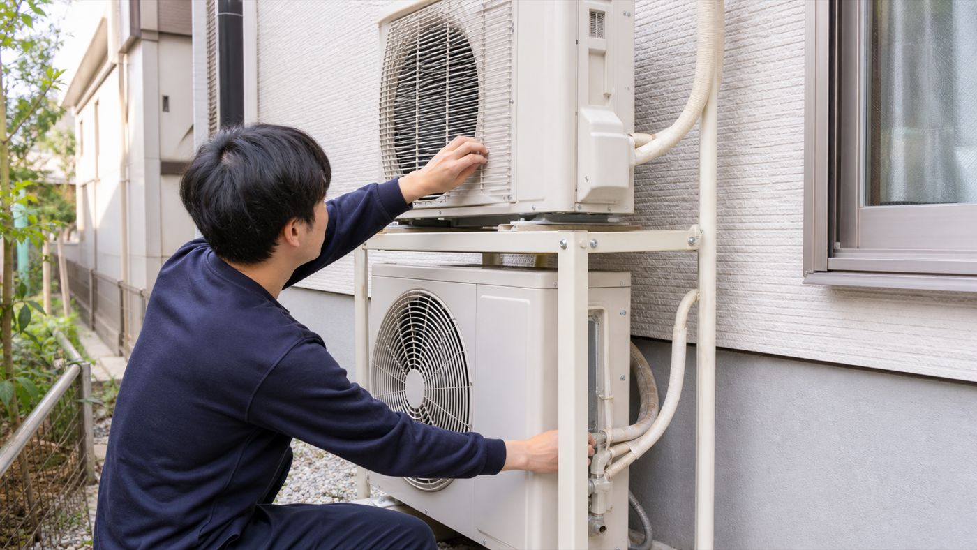 二段置き室外機の上段と下段を点検する様子