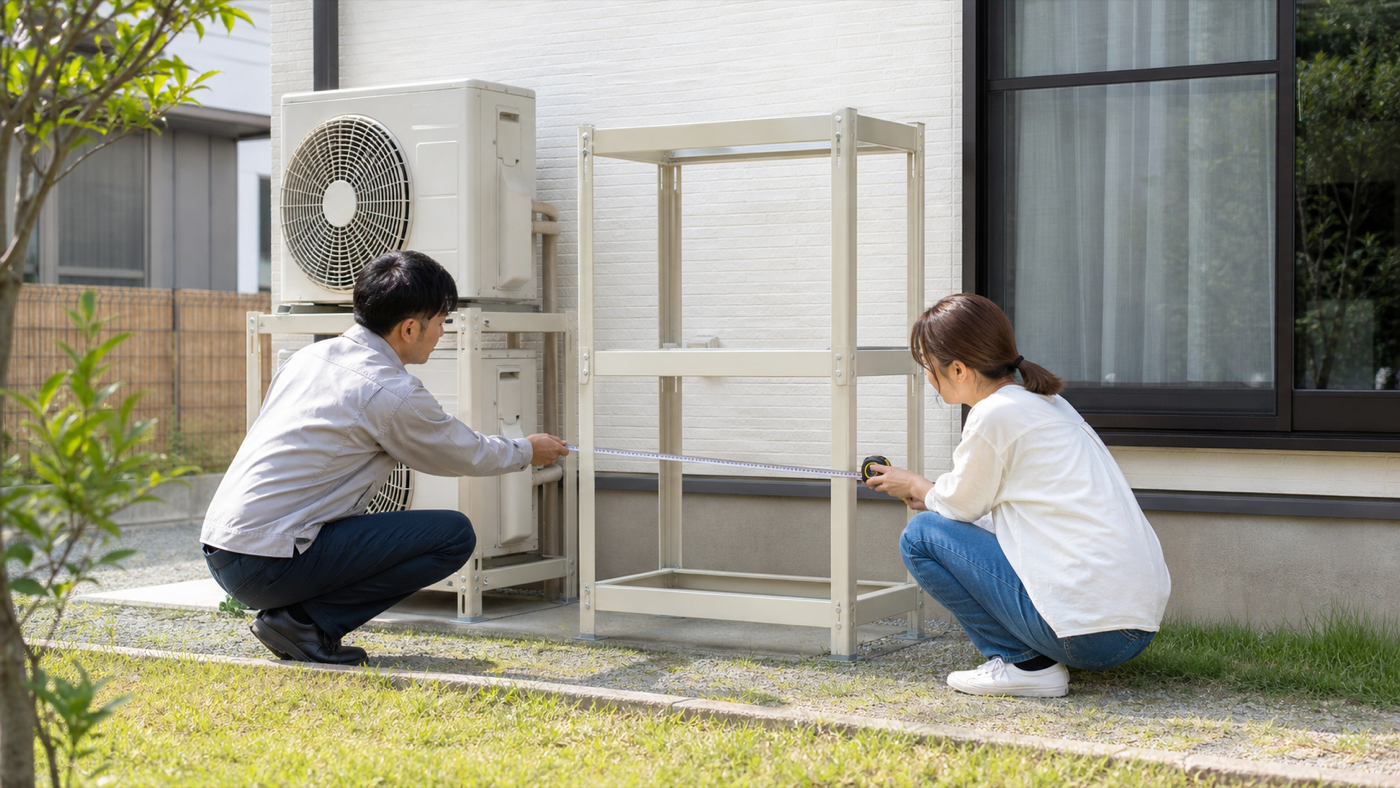 室外機二段置きの設置予定場所を採寸する様子
