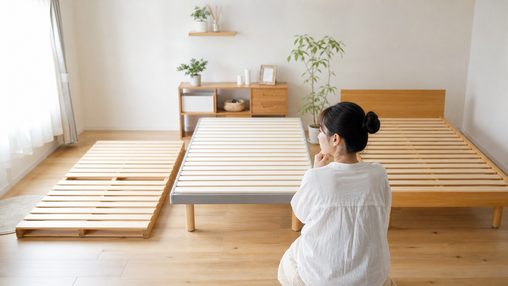 パレットベッドとすのこベッドや脚付きベッドを比較する様子
