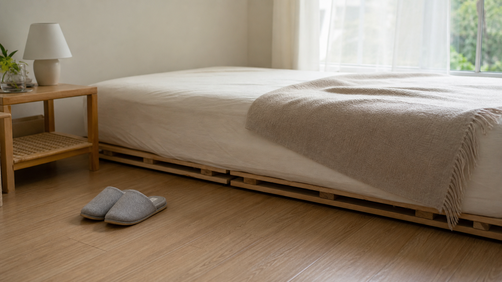 低いパレットベッドと床からの高さが分かる寝室