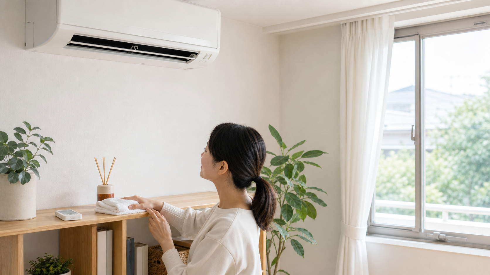 エアコンと換気や掃除をあわせて空気環境を整える様子