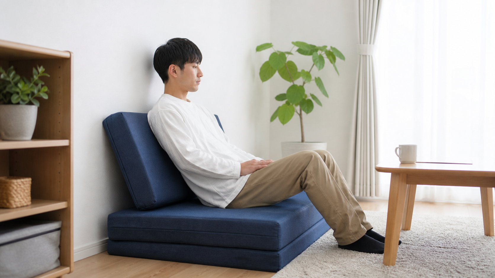 ソファ形状のマットレスで座り心地と背もたれを確認する様子