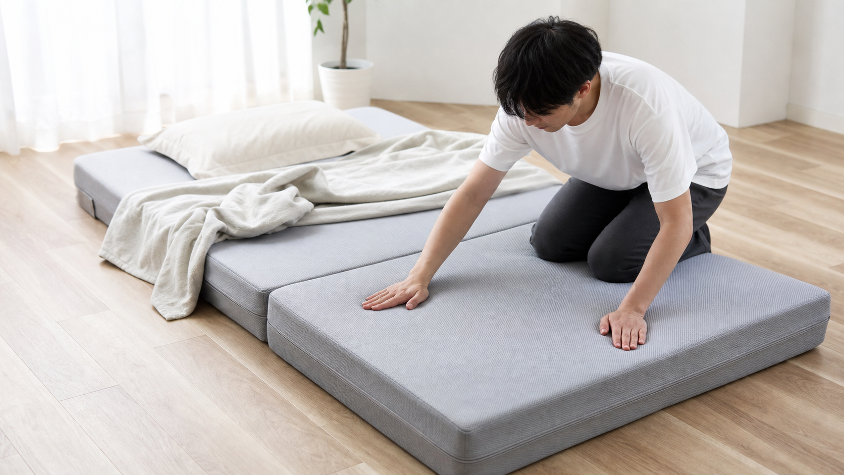 ソファになるマットレスの折り目と厚みを確認する様子