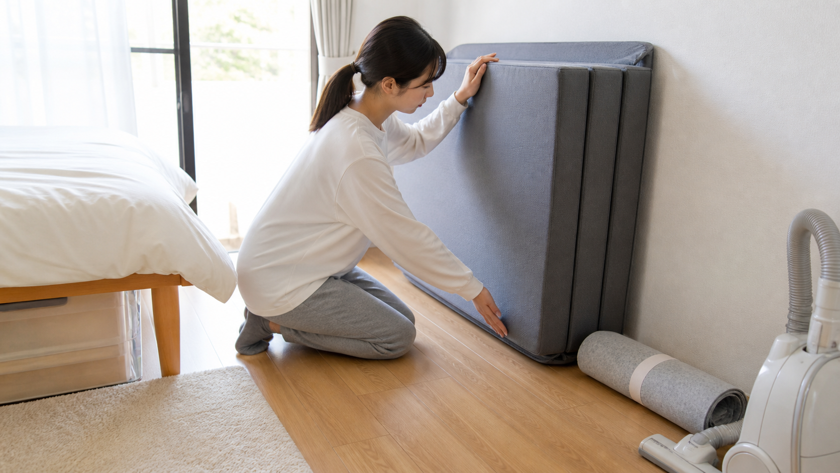 折りたたんだマットレスを立てかけて湿気対策と収納性を確認する様子