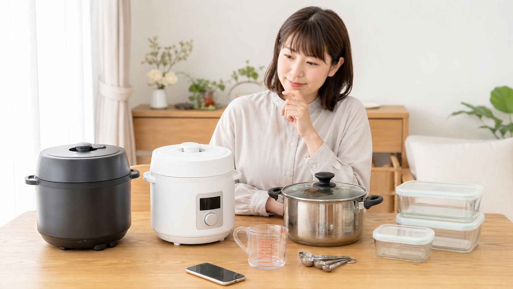 電気圧力鍋の候補を購入前に比較する様子