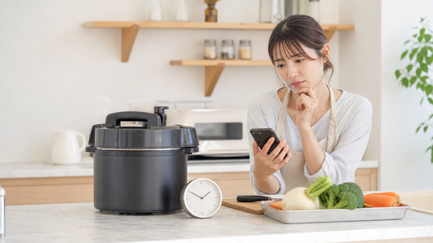 電気圧力鍋の調理時間とレシピを確認する様子