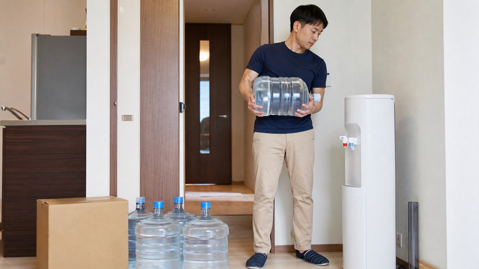 ウォーターサーバーの水ボトル配送と交換の手間を確認する様子