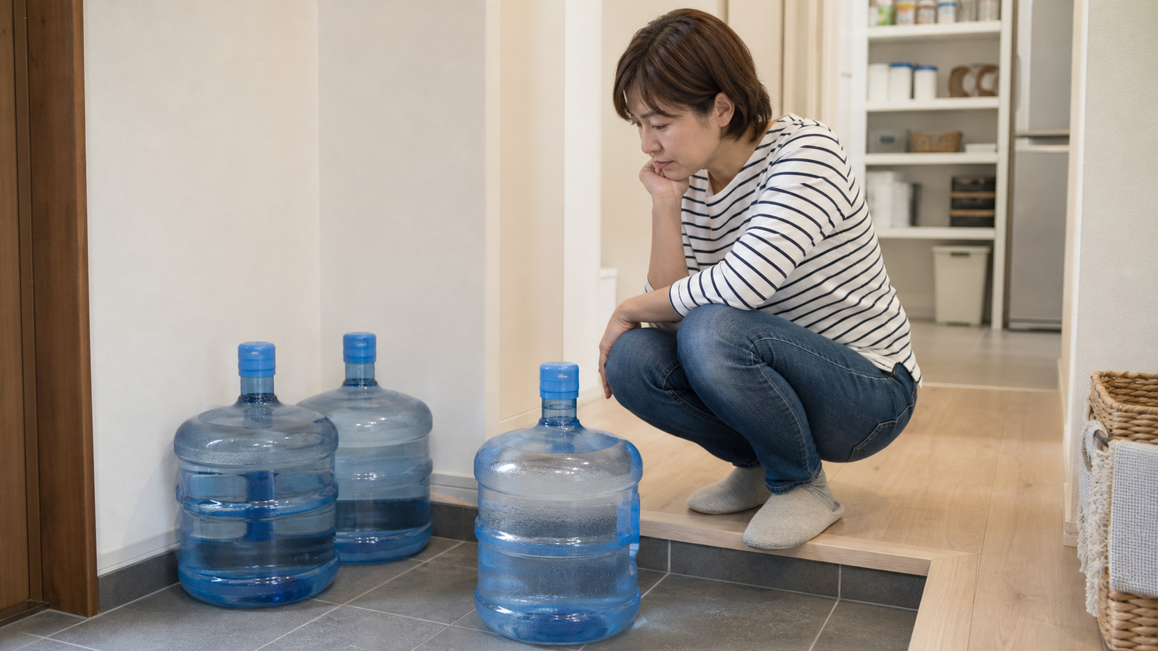 玄関でウォーターサーバー用ボトルの保管場所を確認する様子