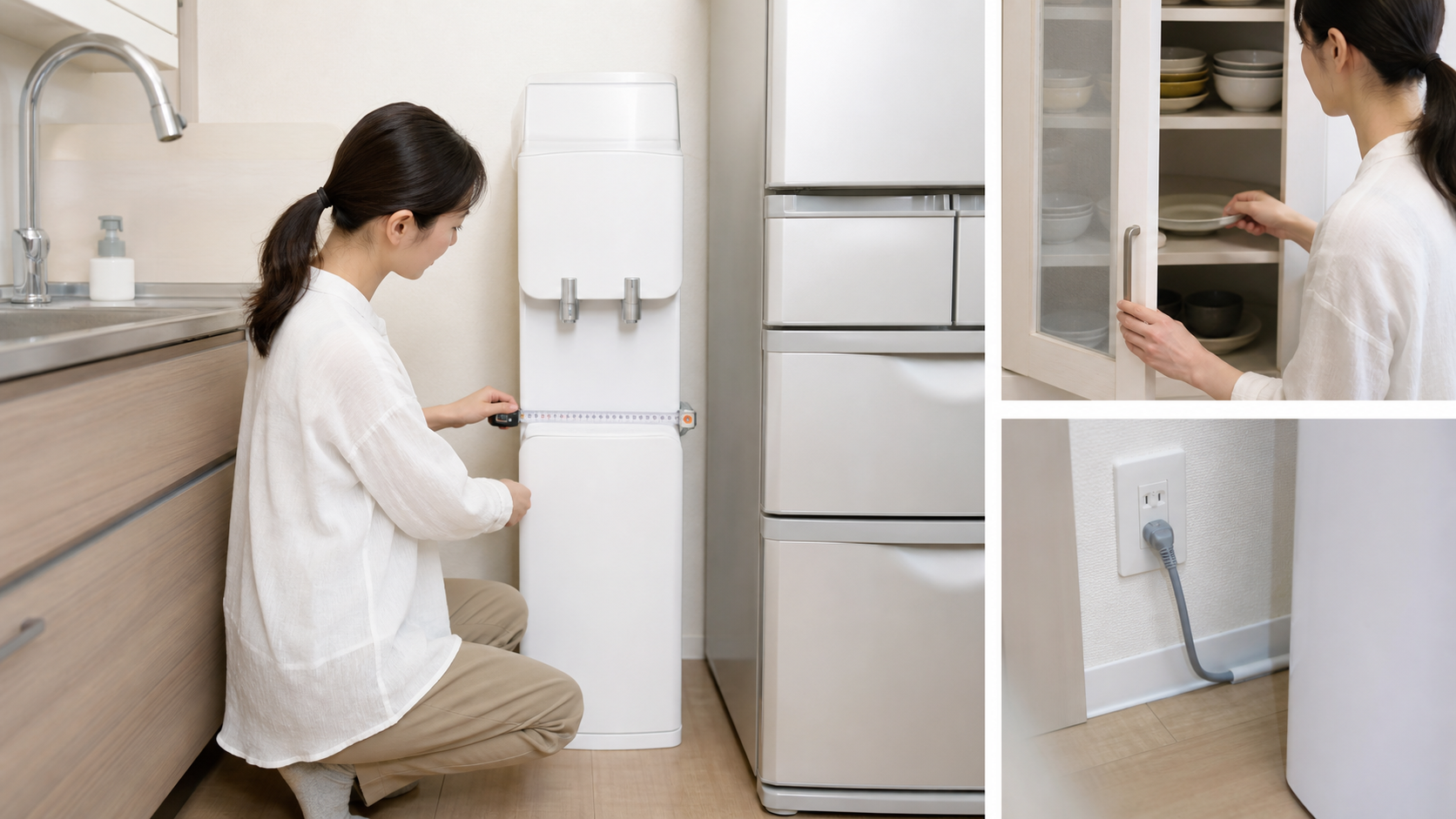 キッチン横でウォーターサーバーの設置サイズと電源位置を確認する様子