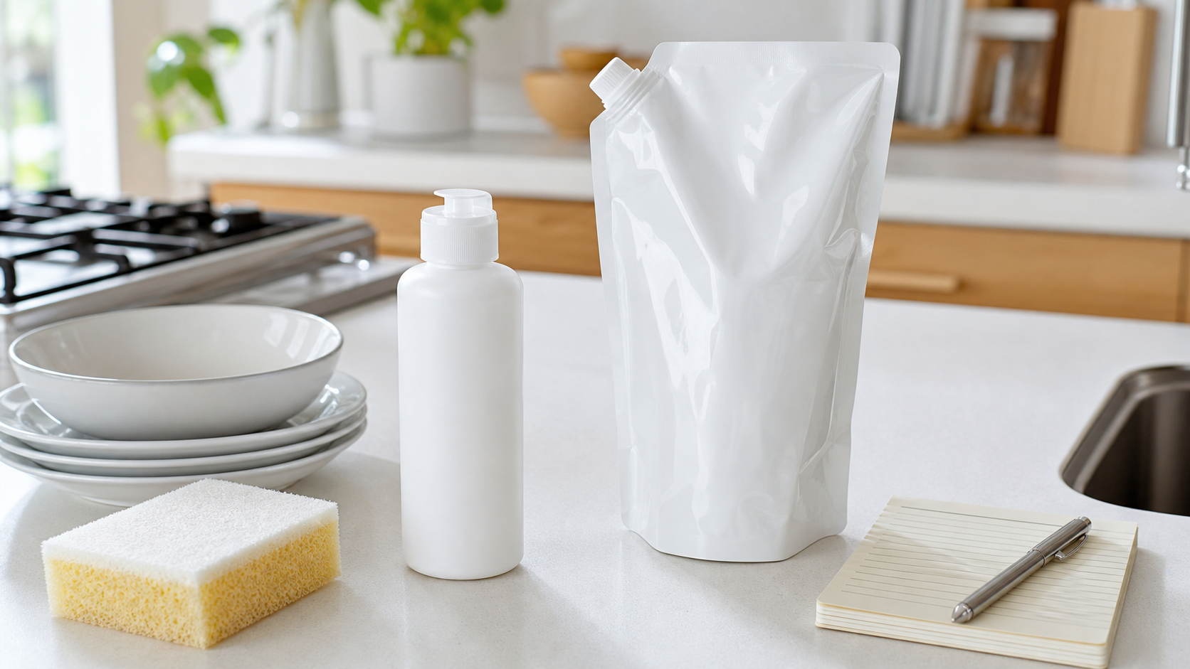 食器用洗剤の本体と詰め替え容量を比較する様子