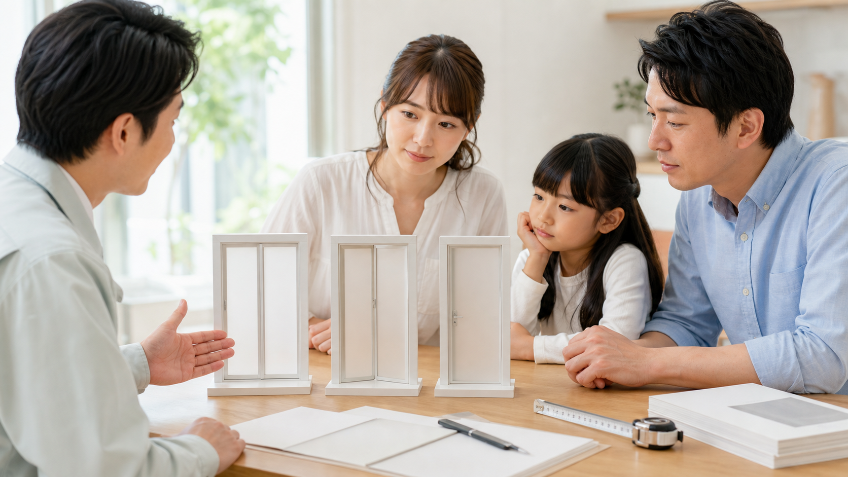 浴室の引き戸と折れ戸と開き戸を比較する様子