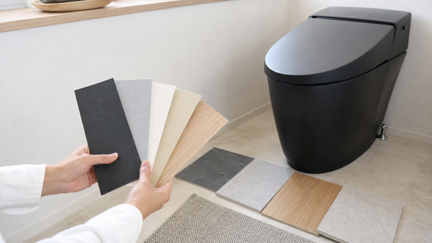 黒いトイレと床壁サンプルを比較する様子