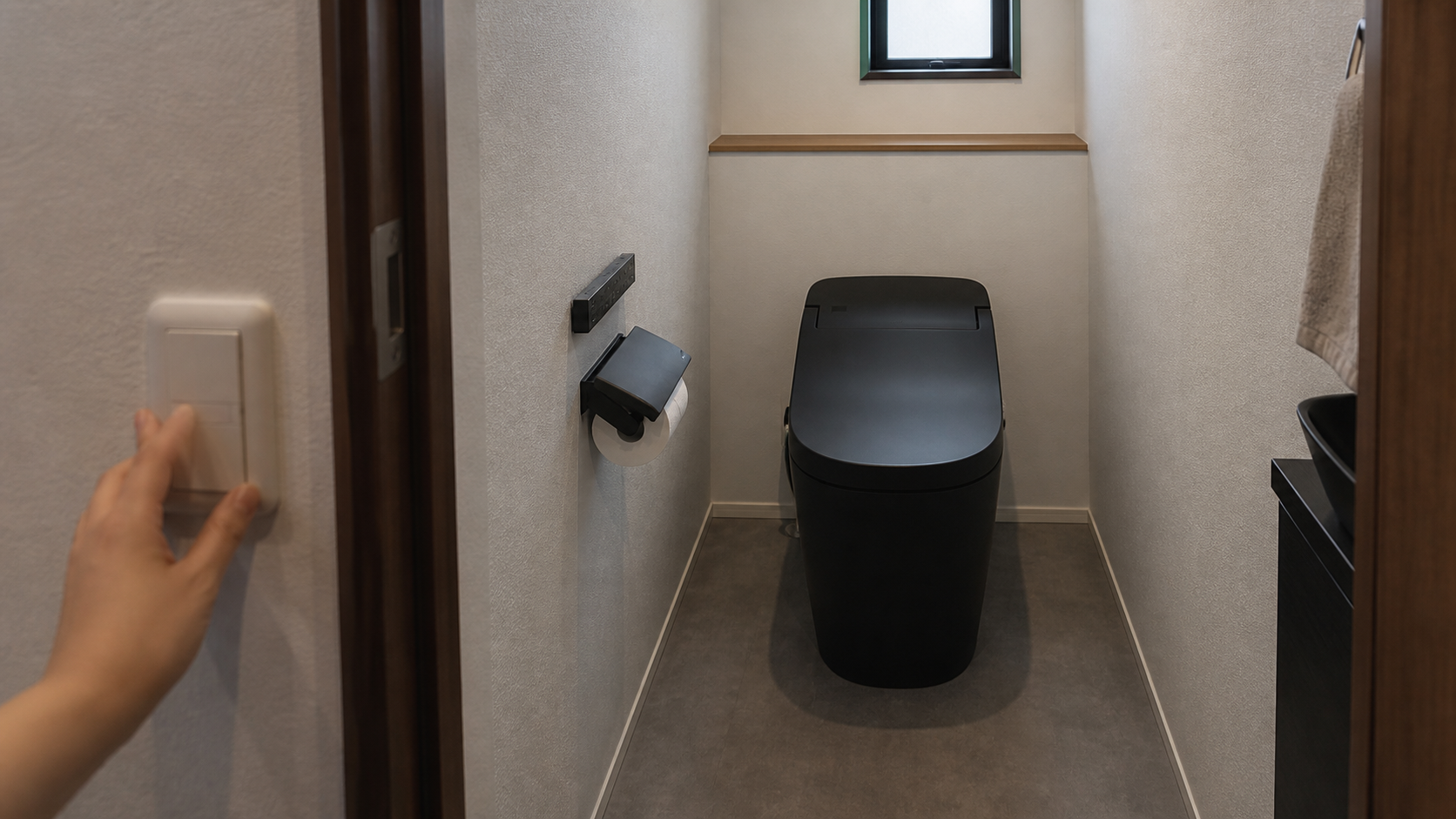 黒いトイレを小さな空間で確認する様子