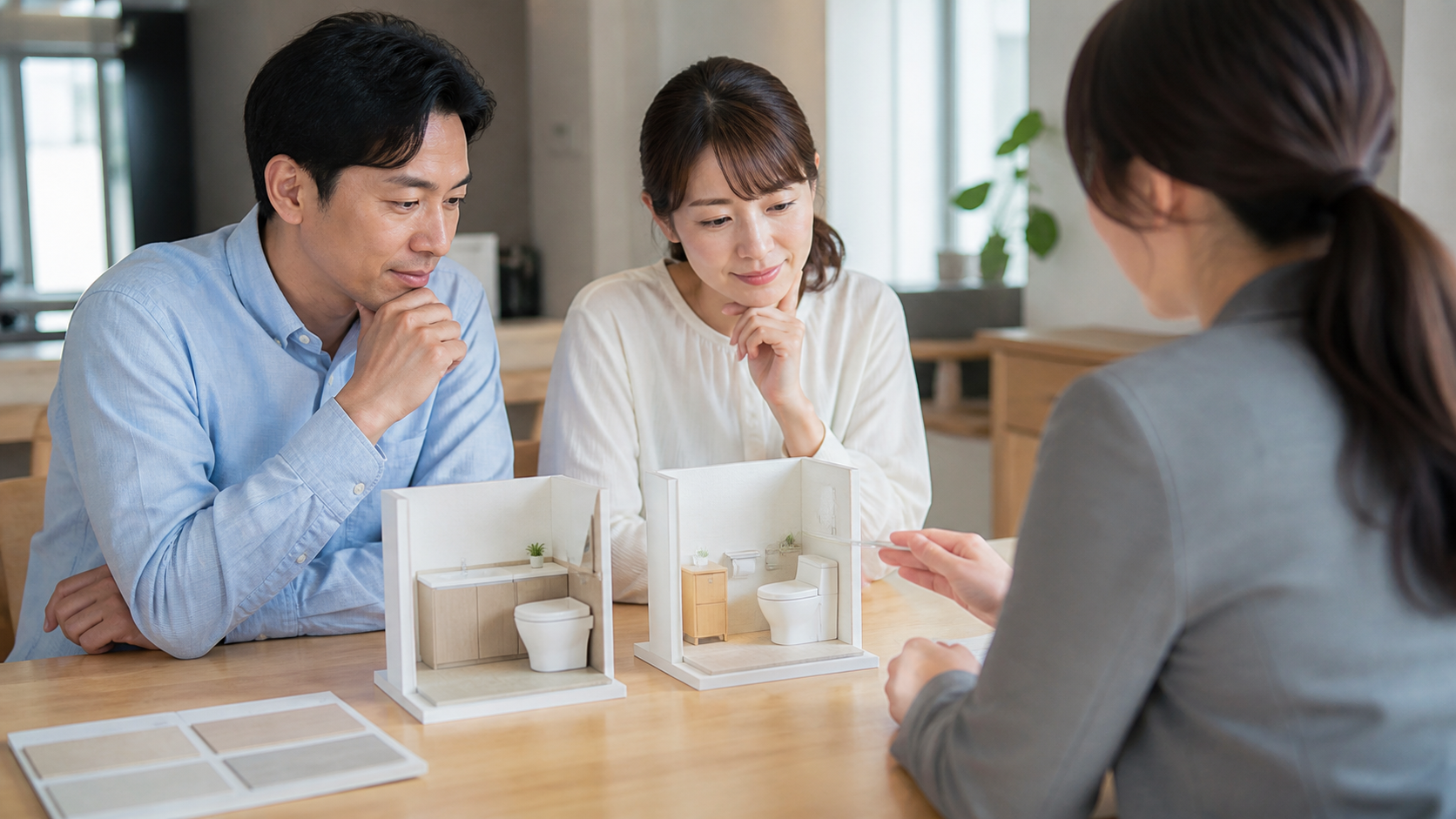キャビネット付きトイレと通常トイレを比較する様子