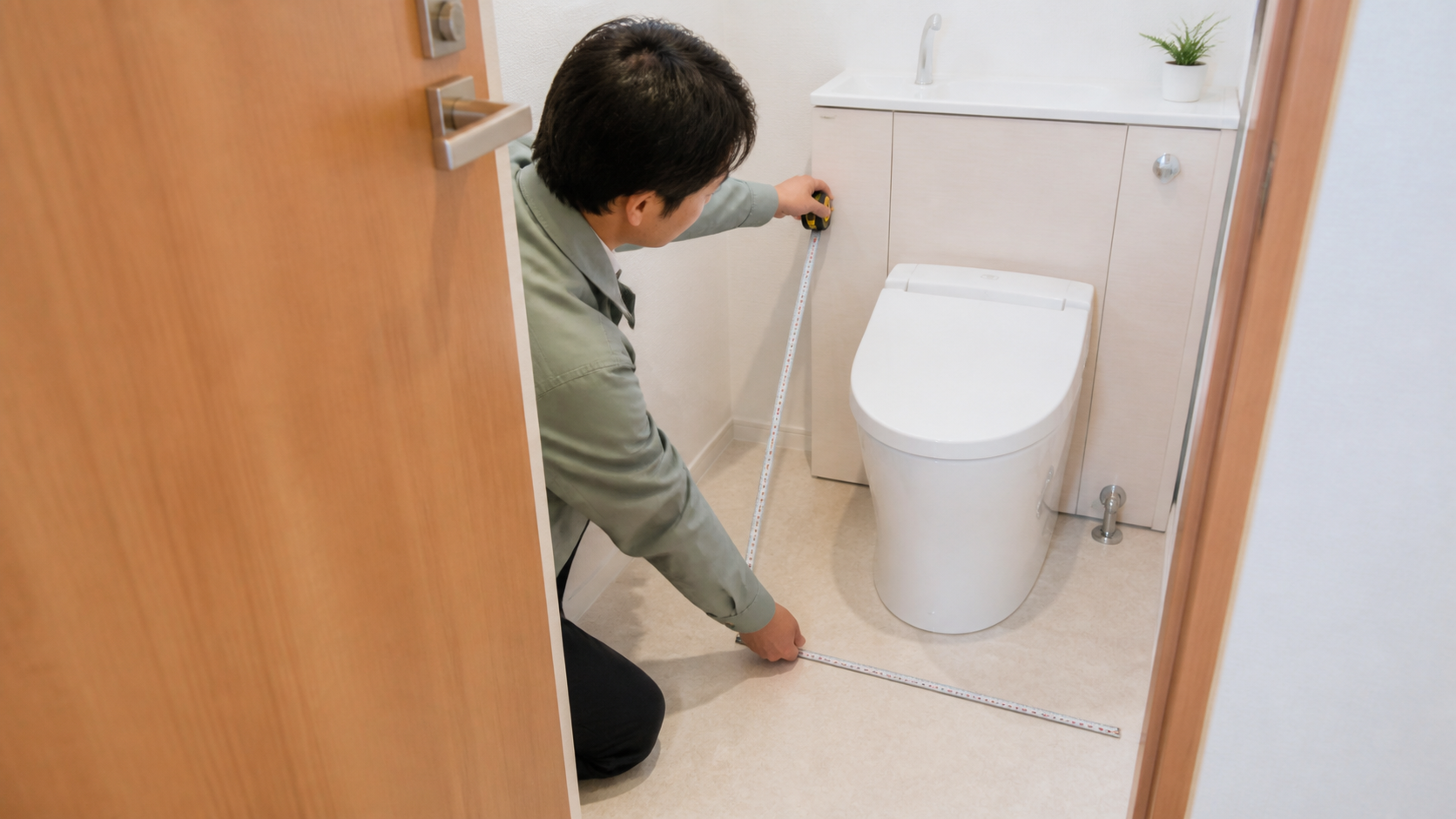 キャビネット付きトイレの間口と奥行きを測る様子