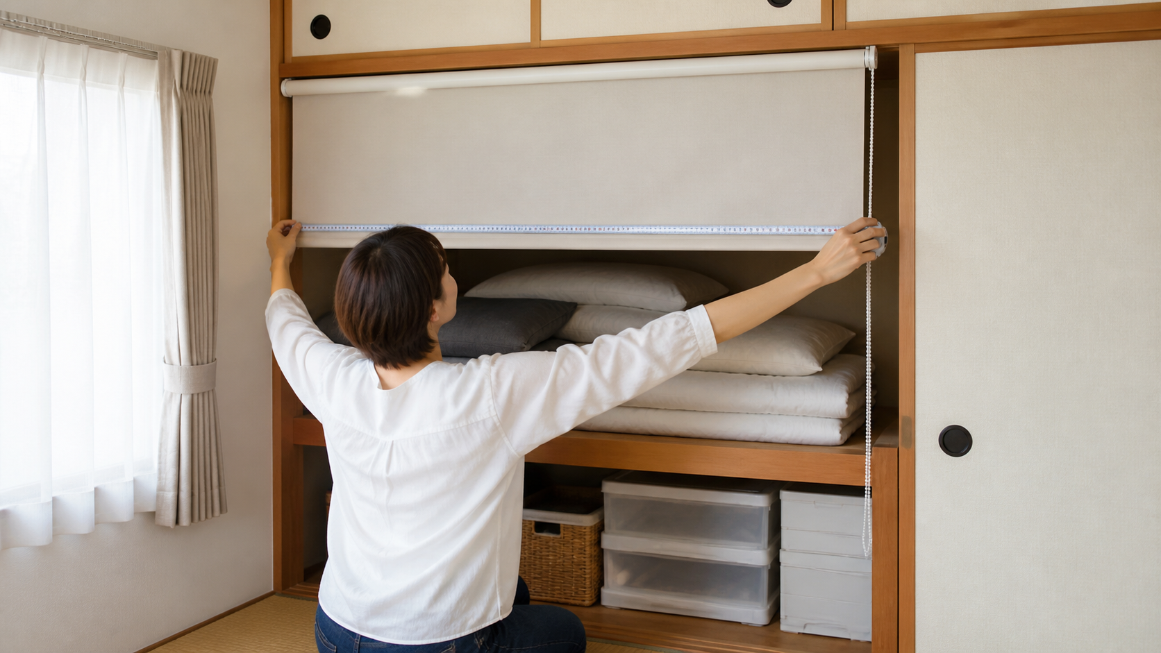 押入れロールスクリーンの幅を確認する様子