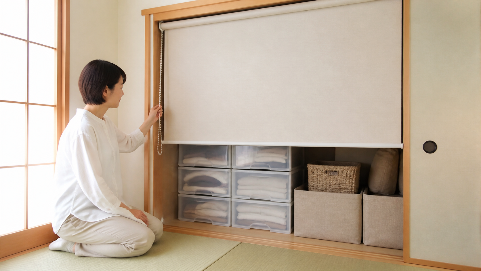 押入れロールスクリーンを上げ下げして使い勝手を確認する様子