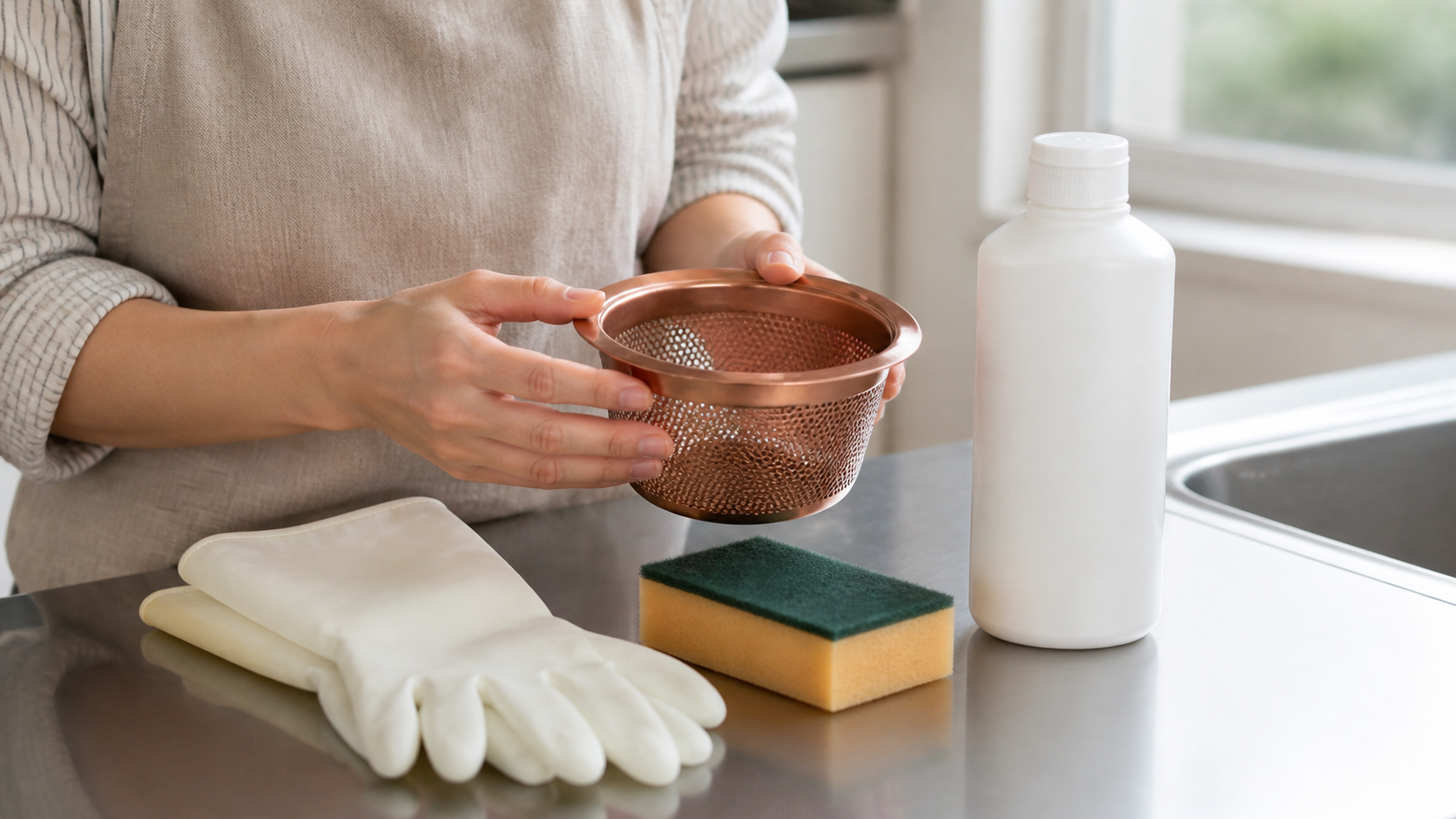 銅製排水口ゴミ受けと洗剤の相性を確認する様子