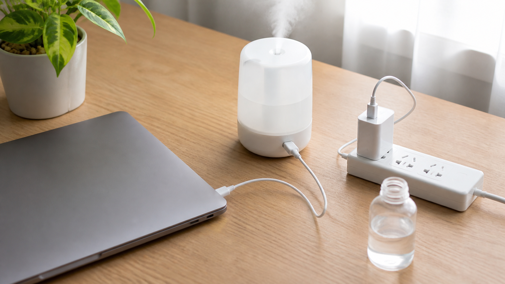 USB加湿器の電源ケーブルと置き場所を確認する様子