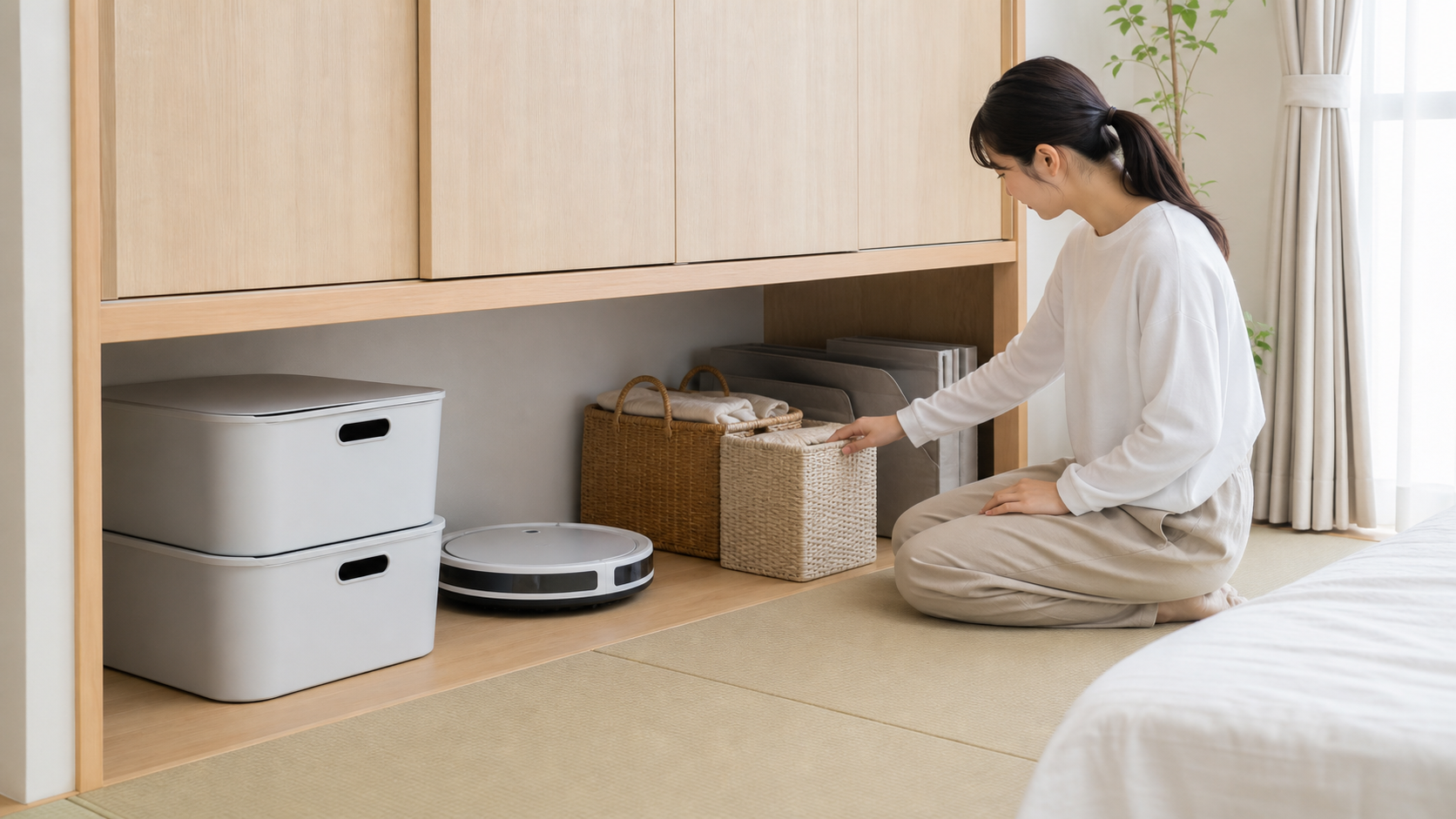 吊り押入れの下部空間に収納用品を置く様子