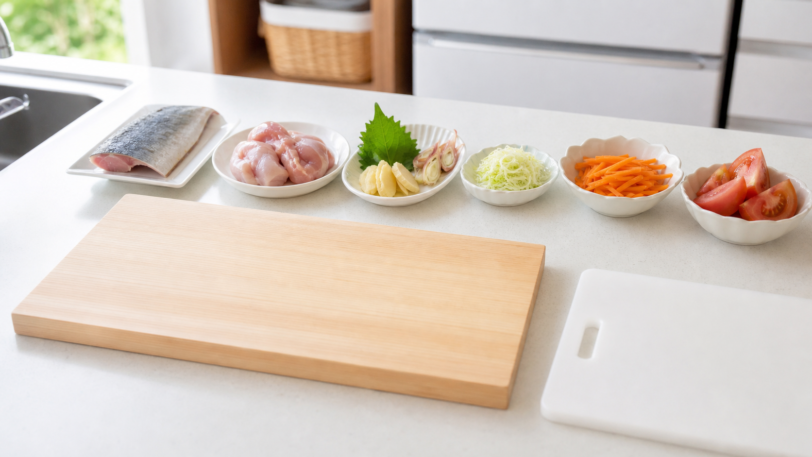 檜まな板とにおいや色が移りやすい食材を確認する様子