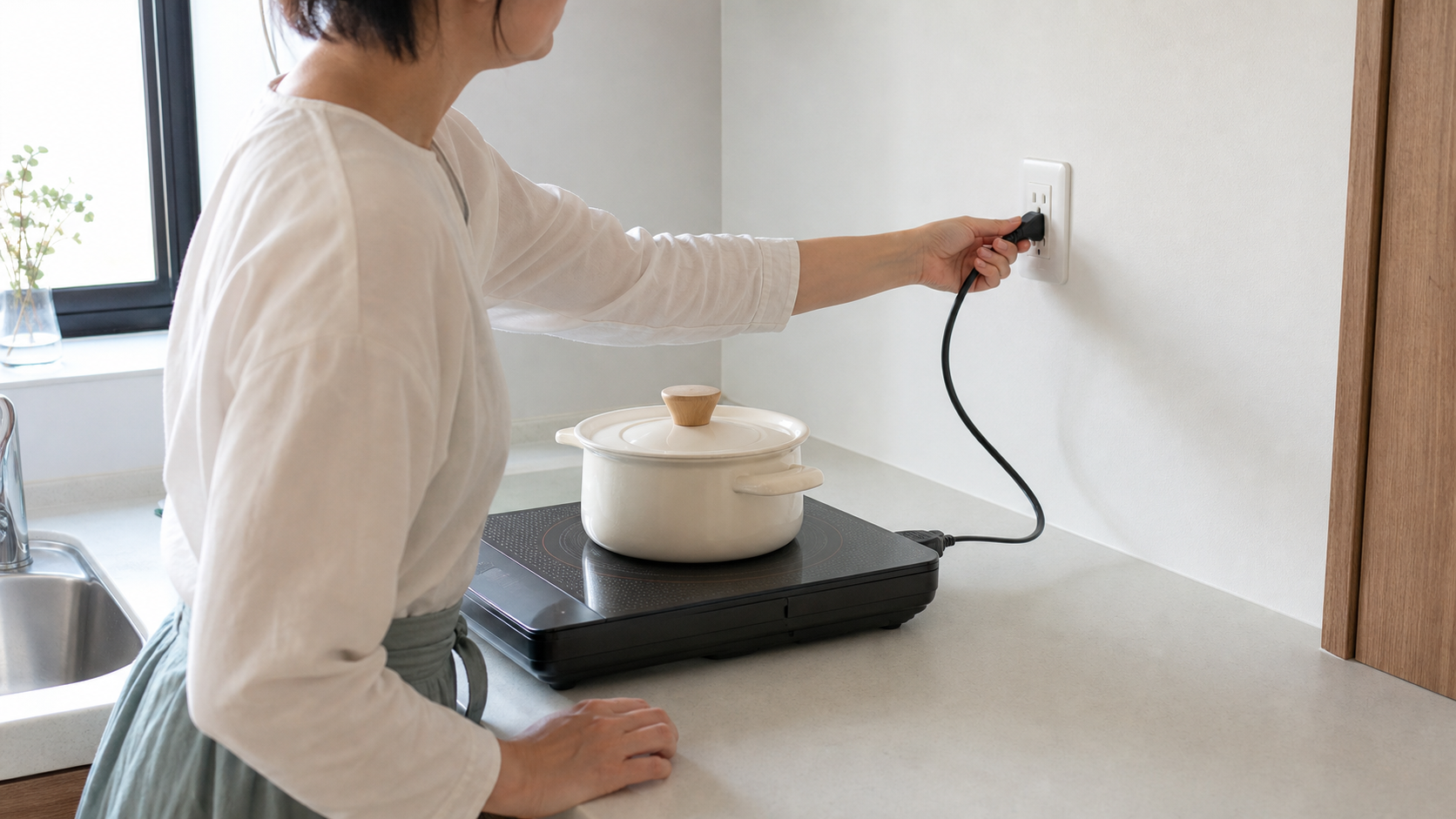 卓上IHコンロの電源コードと置き場所を確認する様子