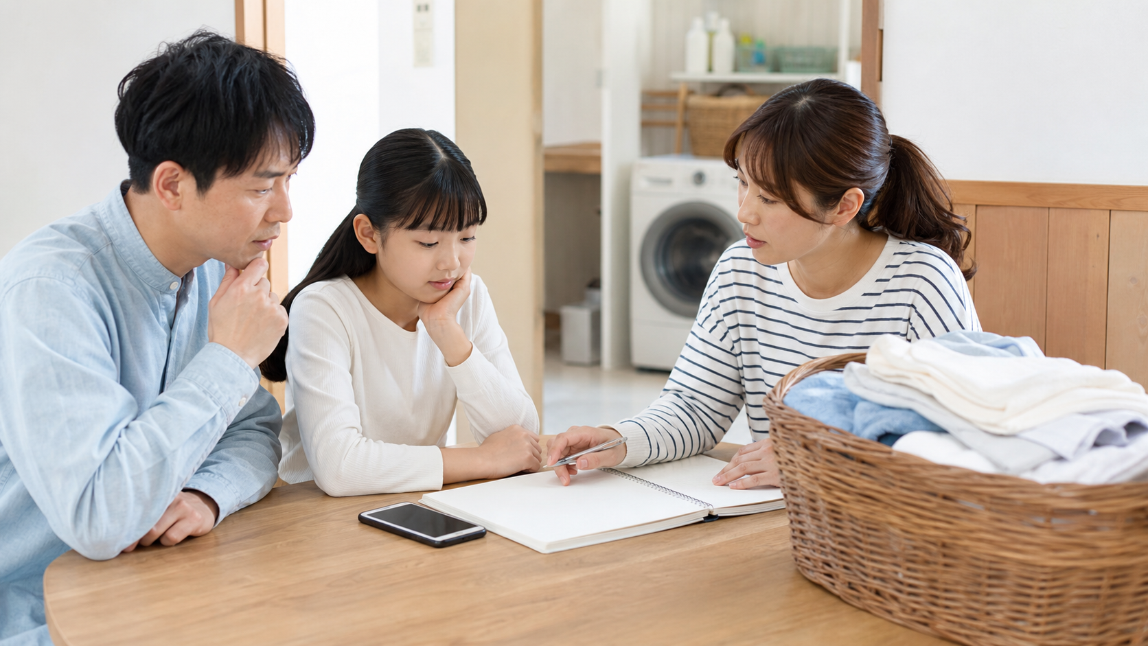 大容量洗濯機の費用と洗濯頻度を家族で確認する様子