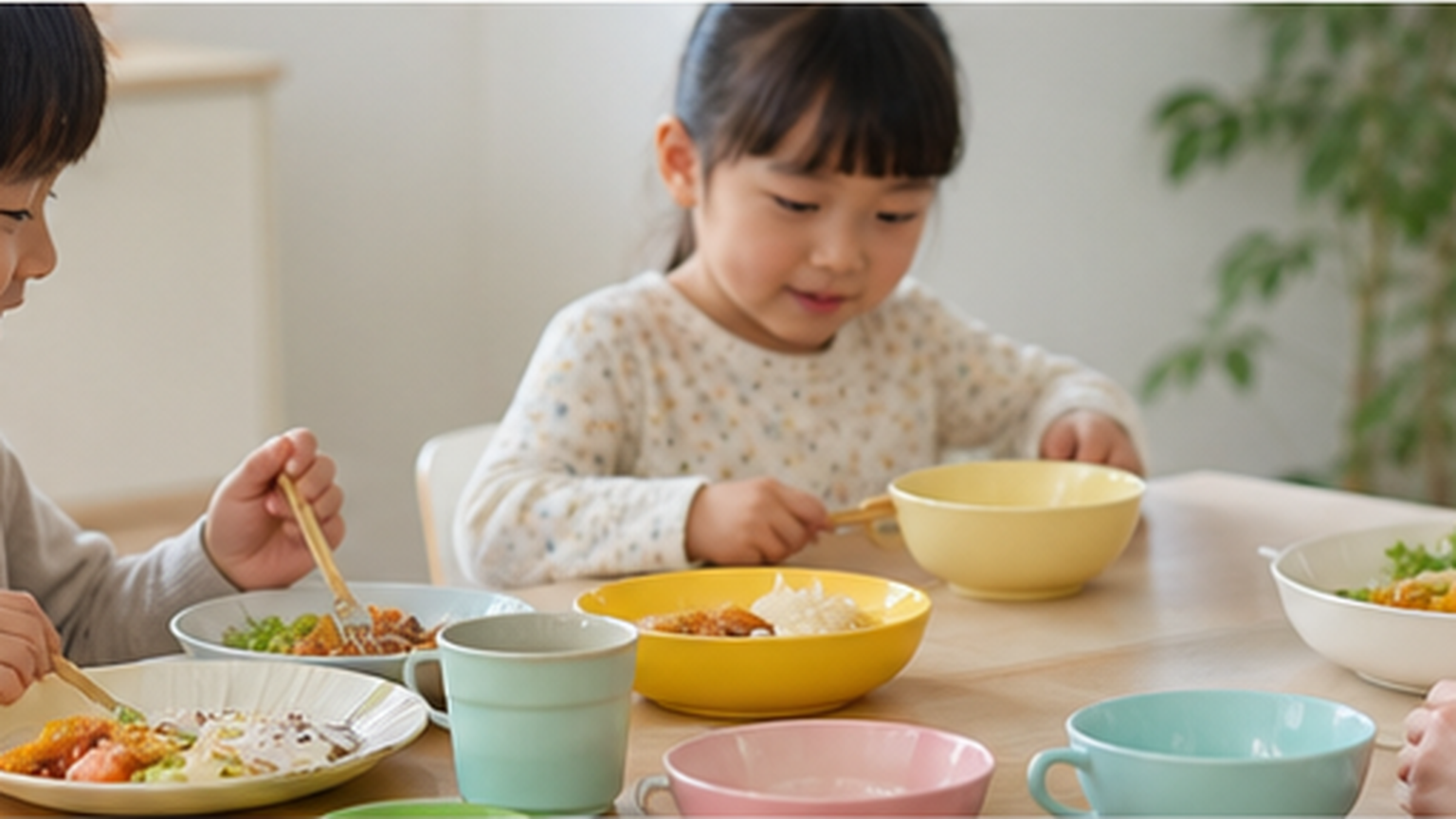 子どもと家族がメラミン食器を使う様子