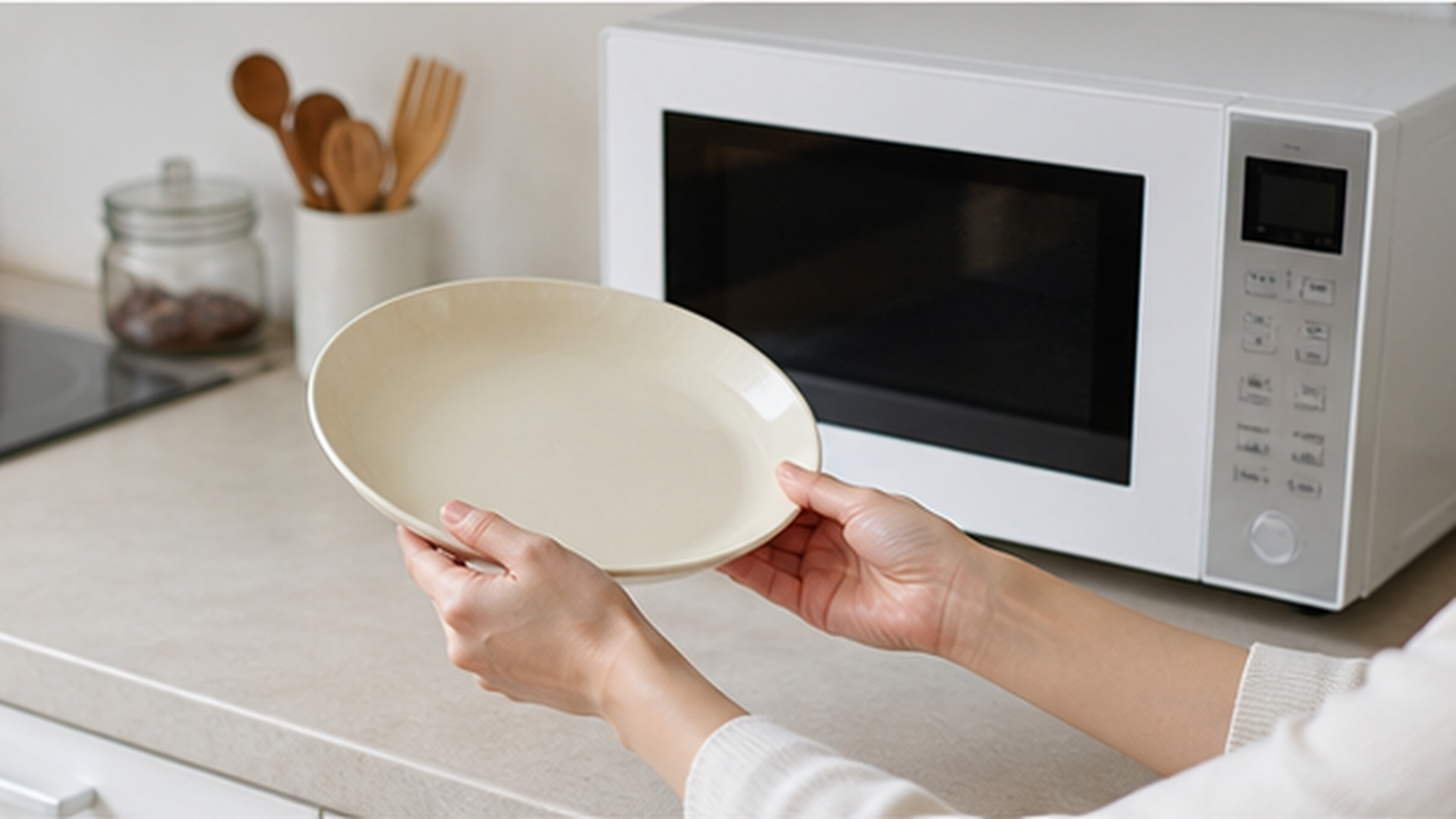 メラミン食器の電子レンジ可否を確認する様子