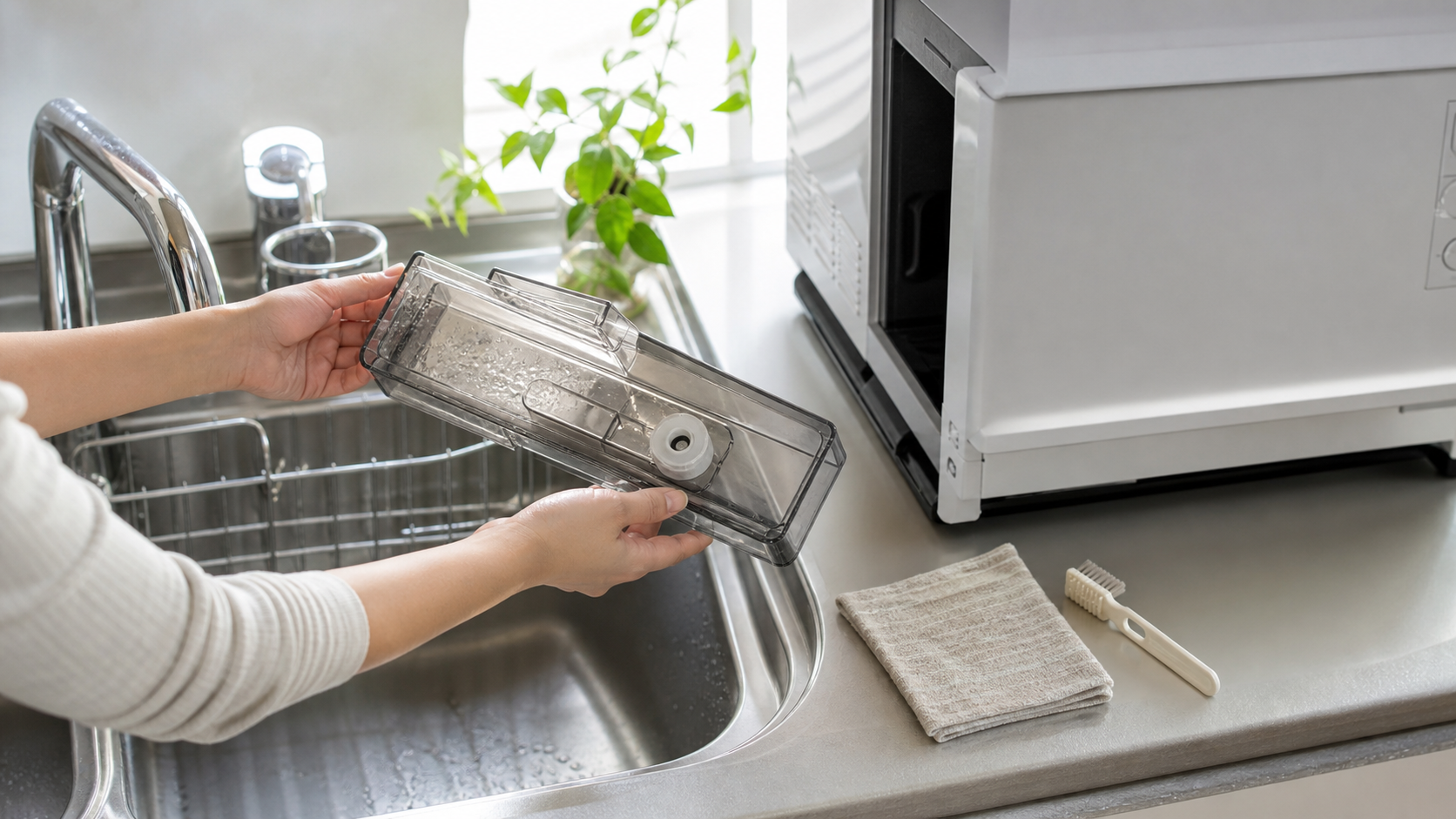 過熱水蒸気オーブンレンジの給水タンクを手入れする様子