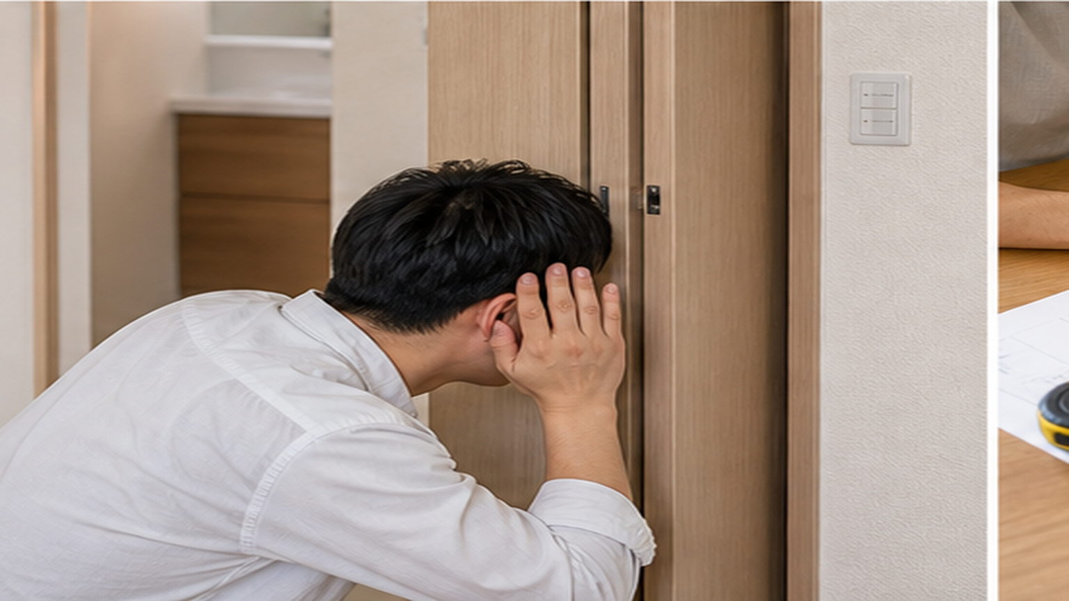 トイレ折れ戸の隙間や音の伝わり方を確認する様子