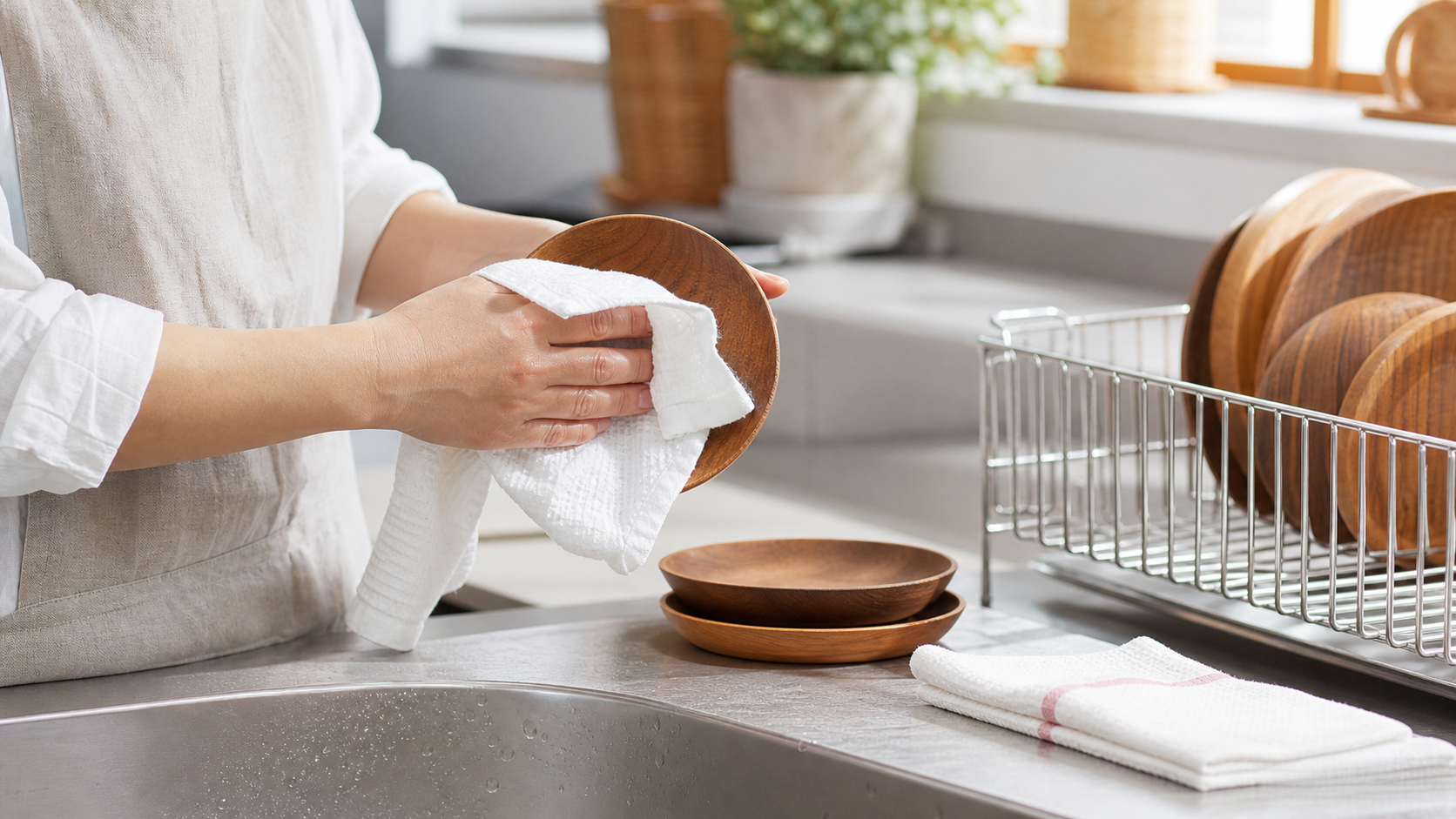 木製食器を洗ったあと水気を拭き取る様子