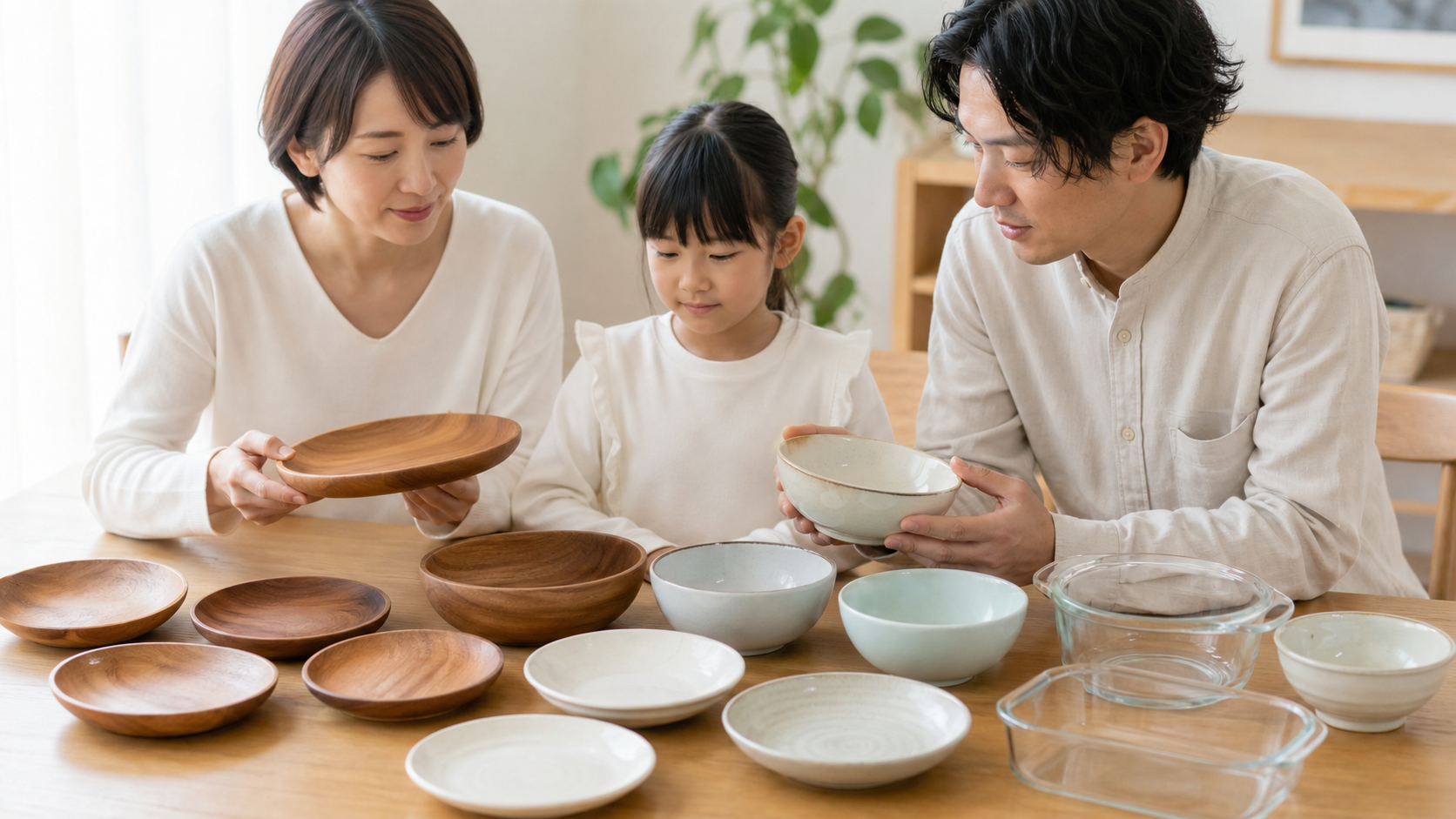 木製食器と陶器やガラス食器を比較する様子