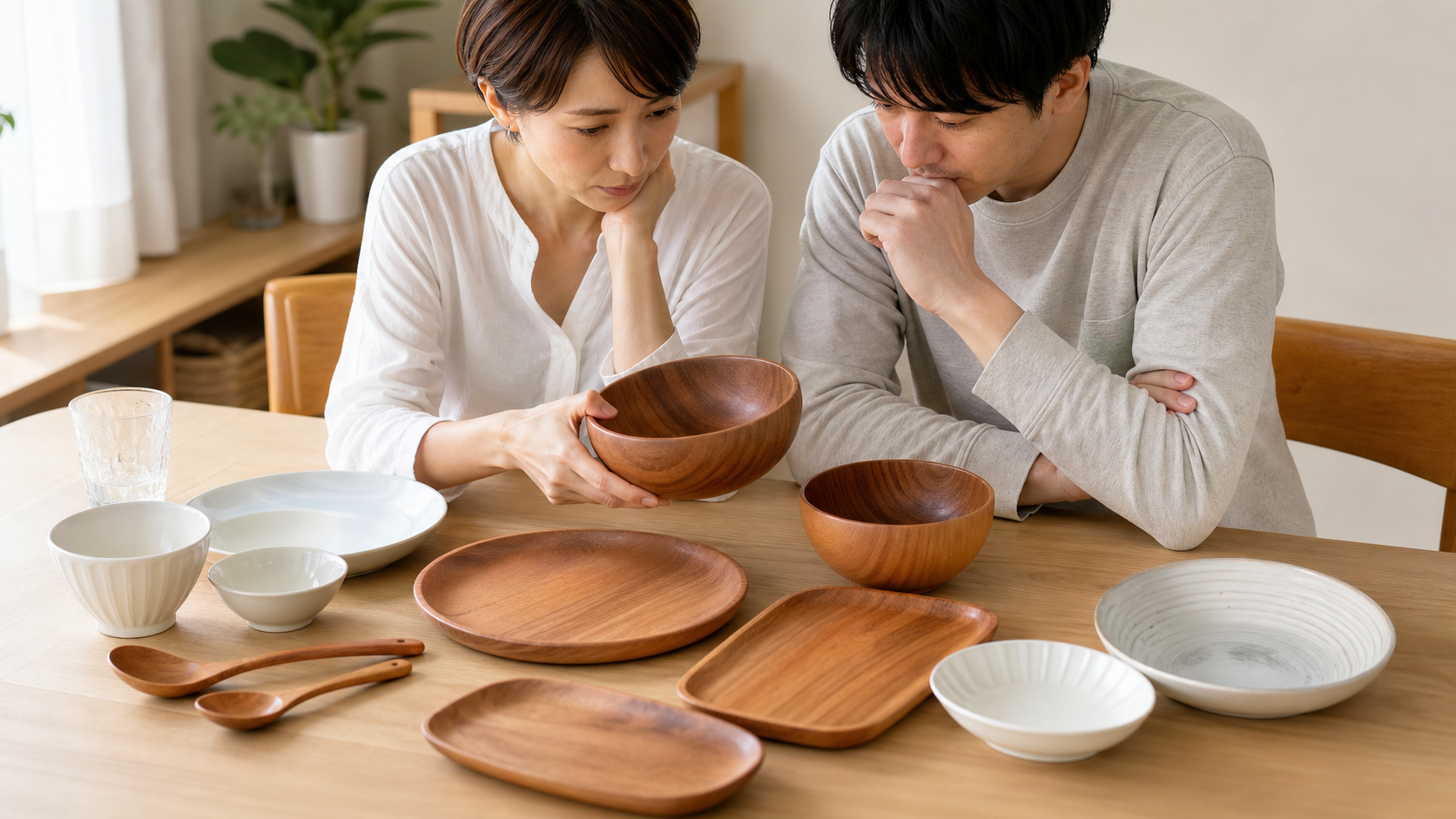 木製食器を購入前に確認する家族の食卓
